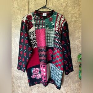 Vintage 1980's Maggie Lawrence Granny Core Floral Roses Festive Sweater Black XL